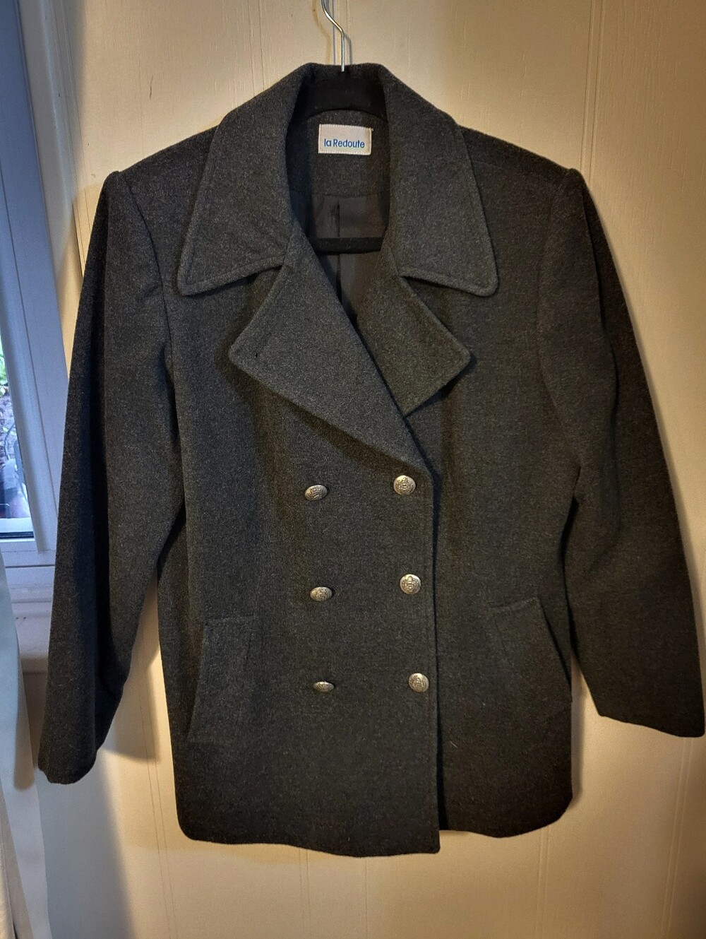 Vintage 1980s Double-Breasted Dark Gray Wool Coat Sz 12 See Measurements